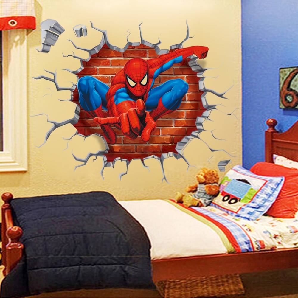 45*50cm hot 3d hole famous cartoon movie spiderman wall stickers for kids rooms boys gifts through wall decals home decor mural Home & Garden color: as the picture