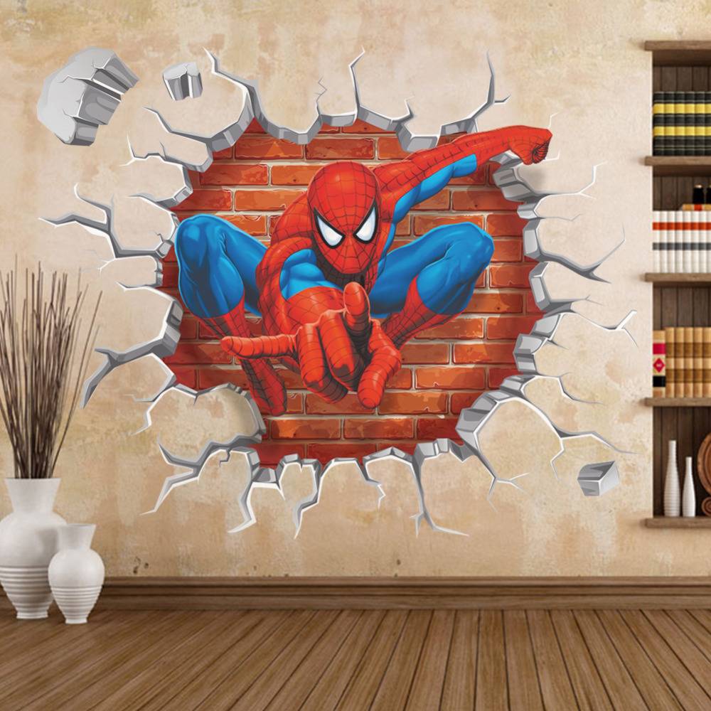 45*50cm hot 3d hole famous cartoon movie spiderman wall stickers for kids rooms boys gifts through wall decals home decor mural Home & Garden color: as the picture