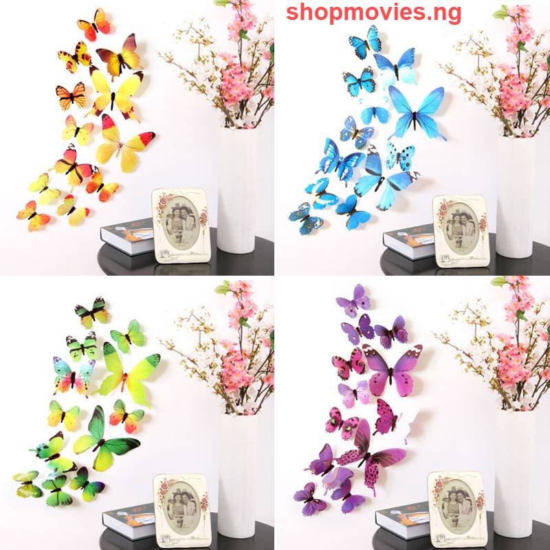 12Pcs Butterflies Wall Sticker Decals Stickers on the wall New Year Home Decorations 3D Butterfly PVC Wallpaper for living room Home & Garden color: Blue|Green|Purple|YELLOW|Pink