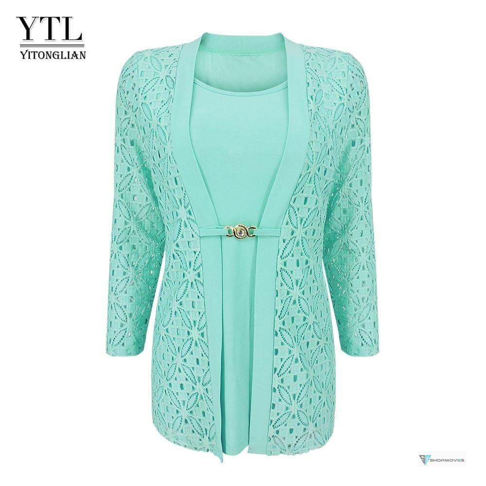 YTL Women’s Plus Size False Two-piece 3/4 Sleeve Mint Blouse Office Work Business Lace Waist Brooch Tunic Top Shirt H384 Blouses Clothing Fashion Women's wears color: Mint