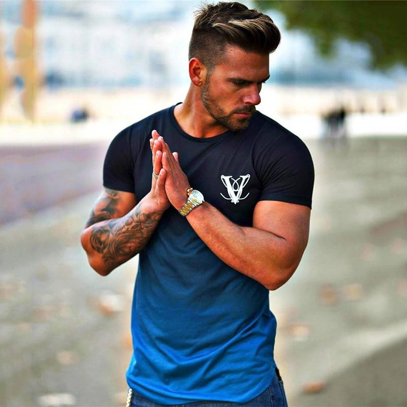Gradient color Fashion T Shirt Men Fast compression Breathable Mens Short Sleeve Fitness Mens t-shirt Gyms Tee Tight Casual Top Men's wears T-Shirt color: 1|1-2|1-3|1-4