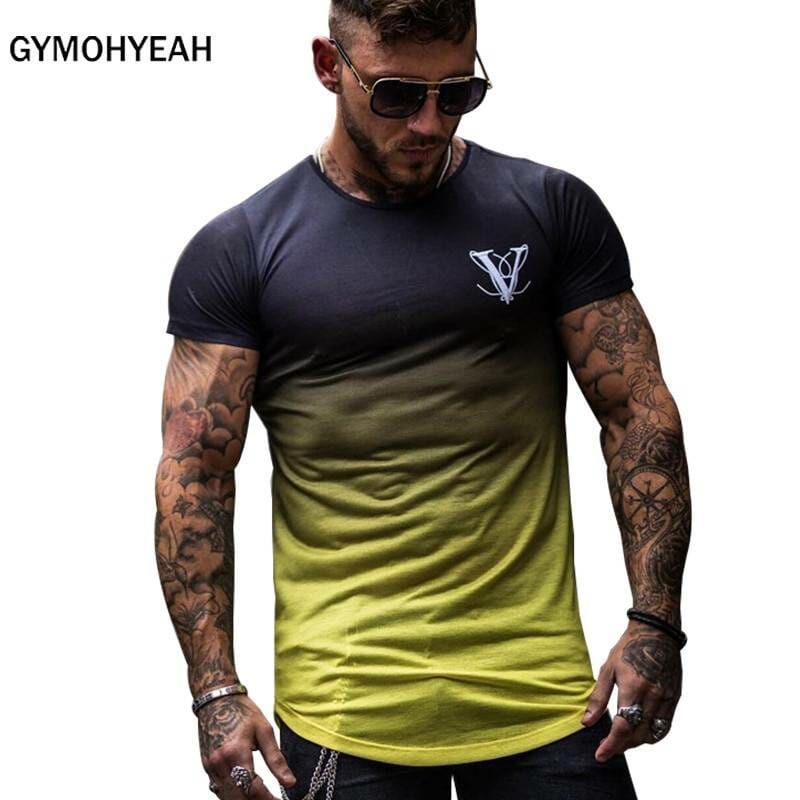Gradient color Fashion T Shirt Men Fast compression Breathable Mens Short Sleeve Fitness Mens t-shirt Gyms Tee Tight Casual Top Men's wears T-Shirt color: 1|1-2|1-3|1-4