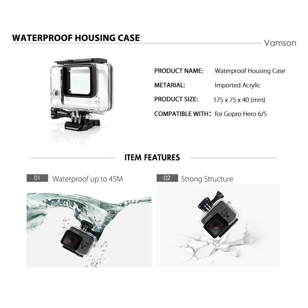 Vamson for Gopro Hero 7 6 5 Accessories Waterproof Protection Housing Case Diving 45M Protective For Gopro Hero 6 5 Camera VP630 Camera dfe6076e1d429c24edcbb2: VP630|VP630A|VP630B