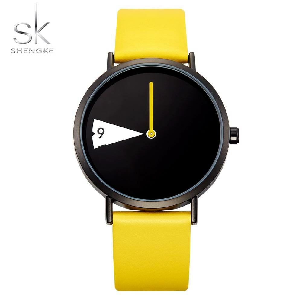 SHENGKE Quartz Wristwatches Watch Women Fashion Luxury Creative Montre Femme Top Brand Watches Leather Clock Reloj Mujer Watch color: Black|YELLOW
