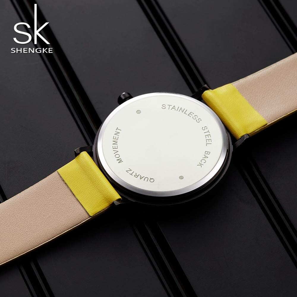 SHENGKE Quartz Wristwatches Watch Women Fashion Luxury Creative Montre Femme Top Brand Watches Leather Clock Reloj Mujer Watch color: Black|YELLOW