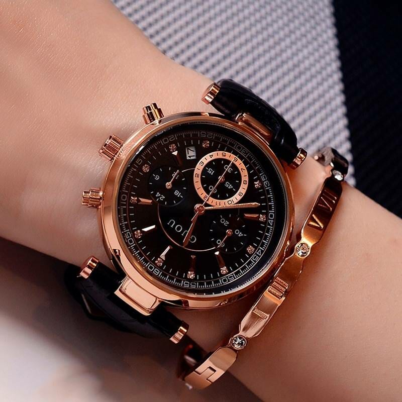 Fashion GUOU Brand Real 3 Eyes Waterproof Leather Or Rose Gold Steel Analog Calendar Wristwatches Wrist Watch for Women Girls Watch color: leather black|Leather Coffee|Leather Grey|leather white|Steel Black|Steel White