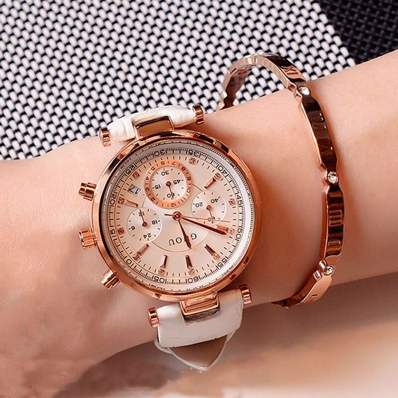 Fashion GUOU Brand Real 3 Eyes Waterproof Leather Or Rose Gold Steel Analog Calendar Wristwatches Wrist Watch for Women Girls Watch color: leather black|Leather Coffee|Leather Grey|leather white|Steel Black|Steel White
