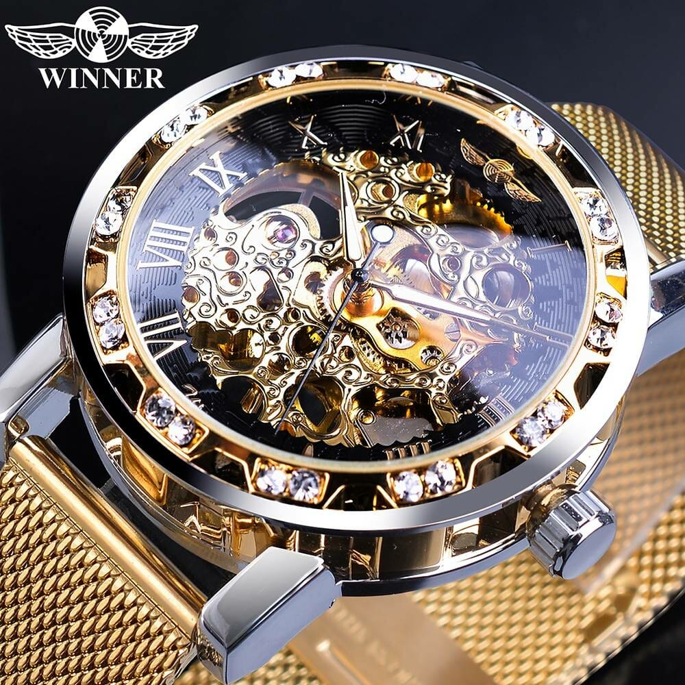 Winner Golden Watches Men Skeleton Mechanical Watch Crystal Mesh Slim Stainless Steel Band Top Brand Luxury Hand Wind Wristwatch Electronics Fashion Watch color: W1089-10|W1089-12|W1089-13|W1089-14|W1089-2|W1089-5|W1089-6|W1089-7|W1089-8|W1089-9
