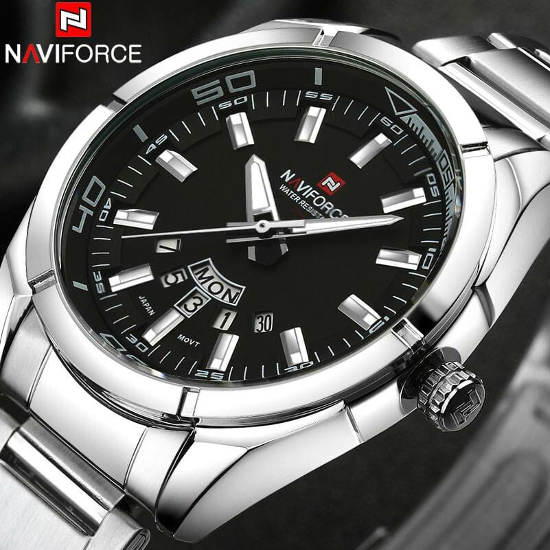 NAVIFORCE Brand Men Watches Business Quartz Watch Men’s Stainless Steel Band 30M Waterproof Date Wristwatches Relogio Masculino Electronics Fashion Watch color: all black and box|black white and box|black without box|silver black and box|silver white and box|white without box