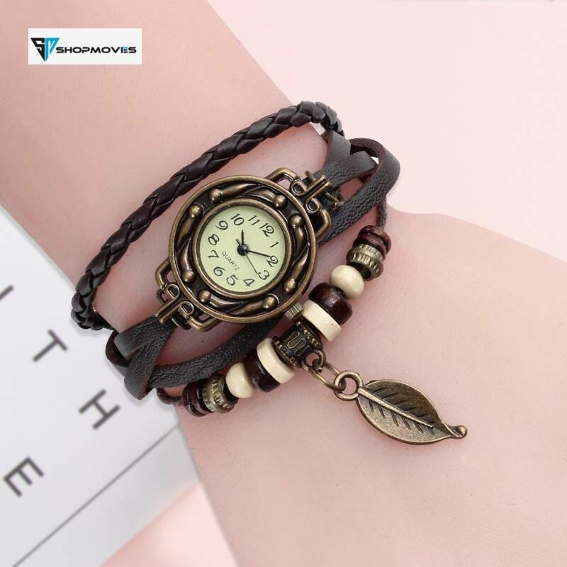 Multicolor High Quality Women Genuine Leather Vintage Quartz Dress Watch Bracelet Wristwatches leaf gift Christmas free shipping Electronics Fashion Watch color: Black|Blue|BROWN|Green|Orange|red|White
