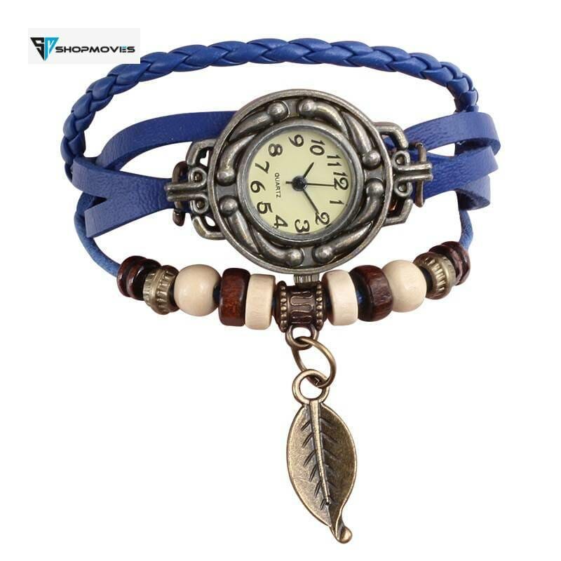 Multicolor High Quality Women Genuine Leather Vintage Quartz Dress Watch Bracelet Wristwatches leaf gift Christmas free shipping Electronics Fashion Watch color: Black|Blue|BROWN|Green|Orange|red|White